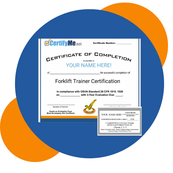 Forklift certification and training by CertifyMe.net, featuring a forklift certificate card for OSHA compliance.